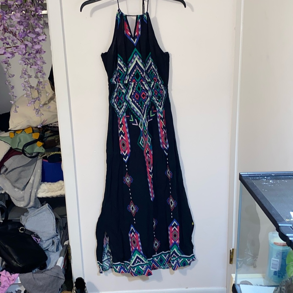 XL black halter maxi dress with triangle and diamond patterns